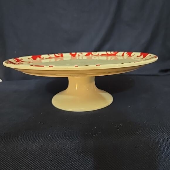 Ciroa Fiori Red Pedestal Cake Serving Plate Porcelain White Red Swirl Leaf Desig - Picture 2 of 8